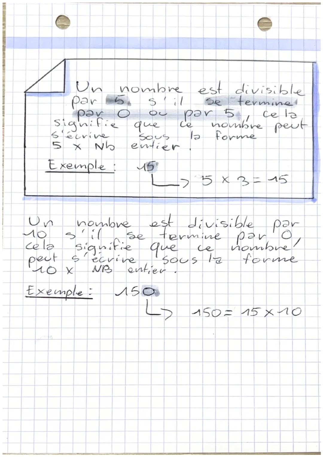 # Divisibilité

Un nombre est divisible par 2 s'il
Se termine par 0,2,4,6 ou 8.
Exemple: 26 758 est divisible par 2
donc 26 758 = 2 x 13 379
