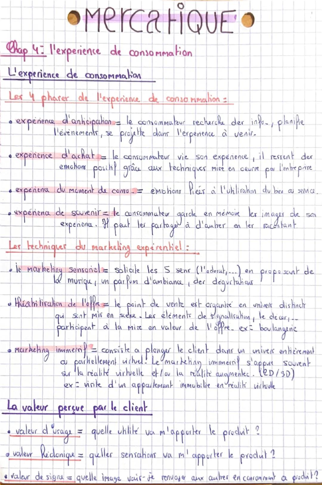 •MercatiQUE
Chap 4: l'experience de consommation.
L'experience de consommation
Les 4 pharer de l'experience de consommation =
• experience d