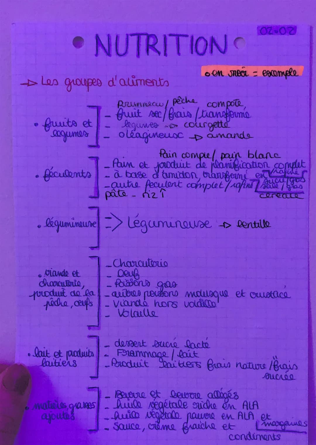 0
e
• NUTRITION
→ Les groupes d'aliments
prunneau/
pêche
compote
fruit sec / frais / transforms
~
amande
Pain comple/ pain blanc
Pain et jor
