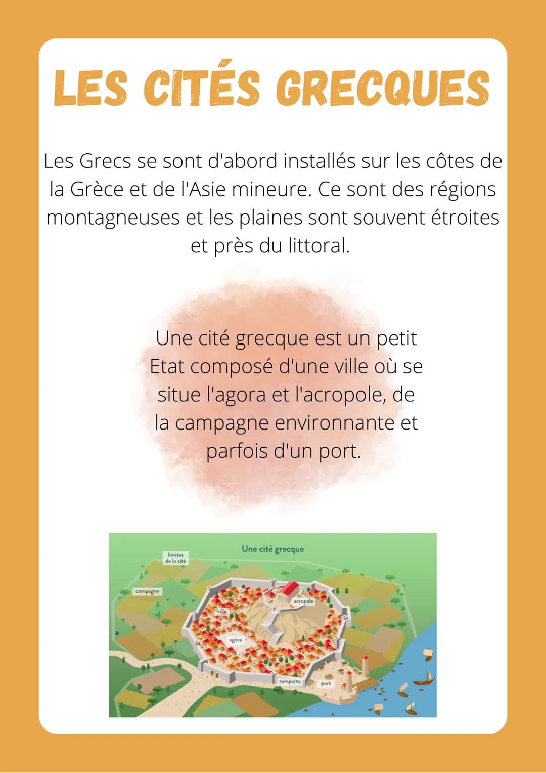 LES CITÉS GRECQUES
Les Grecs se sont d'abord installés sur les côtes de
la Grèce et de l'Asie mineure. Ce sont des régions
montagneuses et l