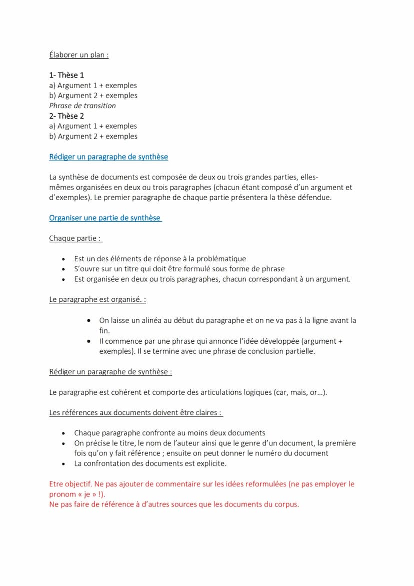 La synthèse de documents : méthodologie
L'objectif de confronter les documents dans une synthèse organisée.
Lire les documents et en reformu
