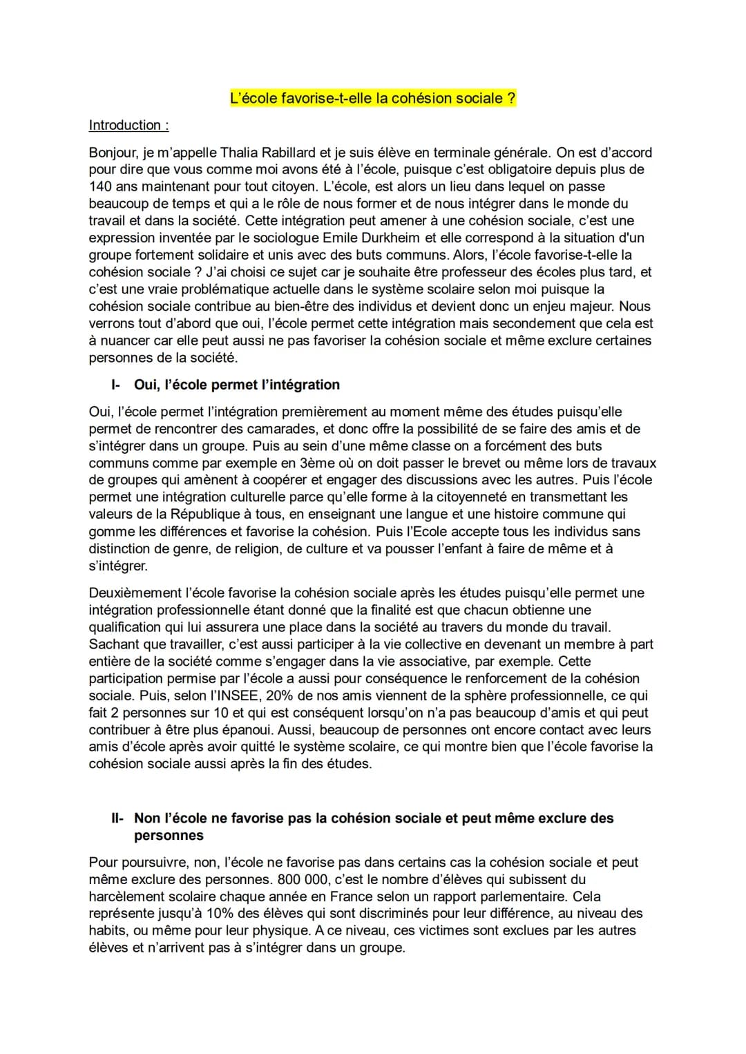 L'école favorise-t-elle la cohésion sociale ?
Introduction :
Bonjour, je m'appelle Thalia Rabillard et je suis élève en terminale générale. 