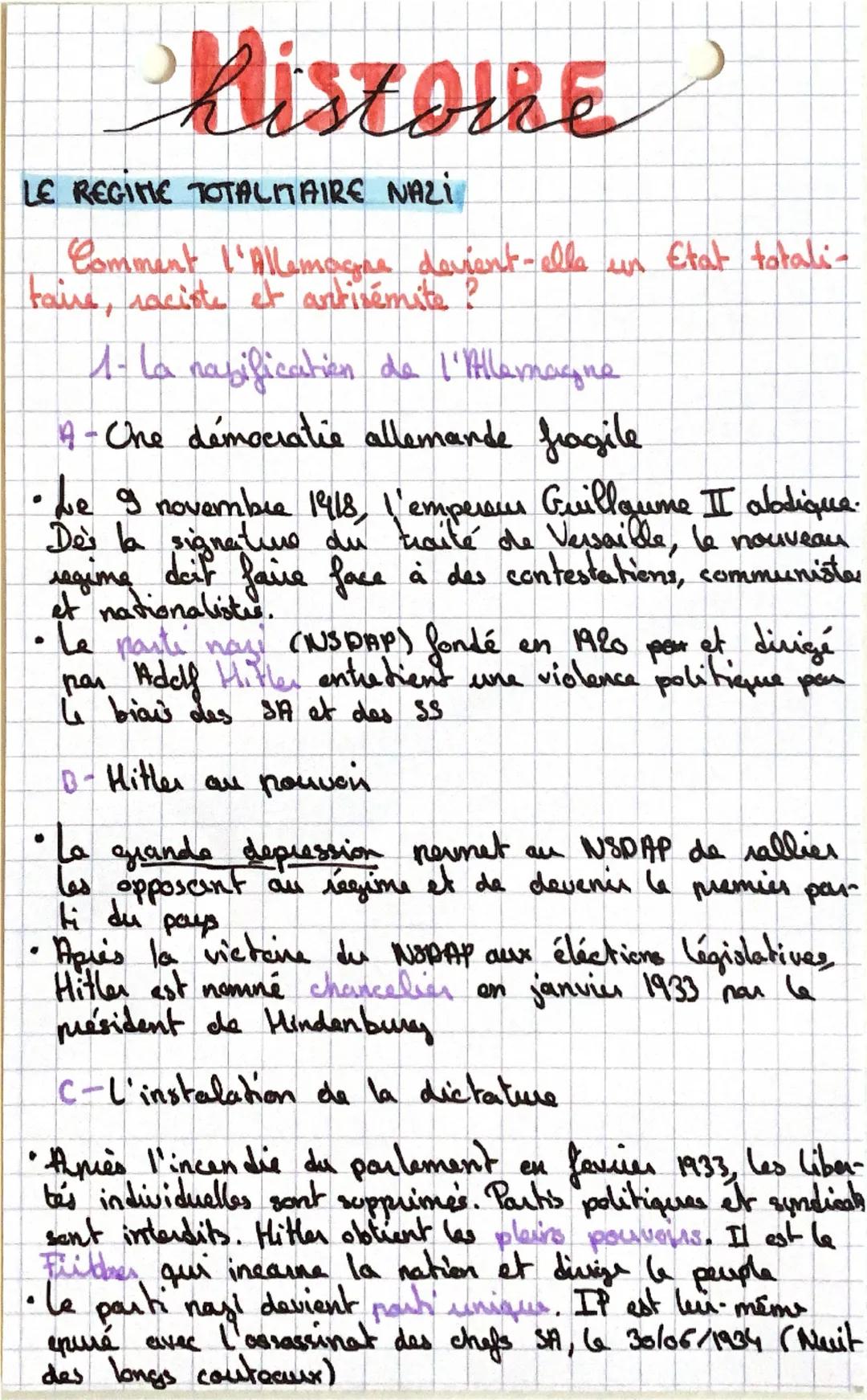 HISTOIRE
LE REGINE TOTALITAIRE NAZI
Comment l'Allemagne devient-elle un Etat totali-
taire, raciste et antisémite ?
•
1- La nasification de 