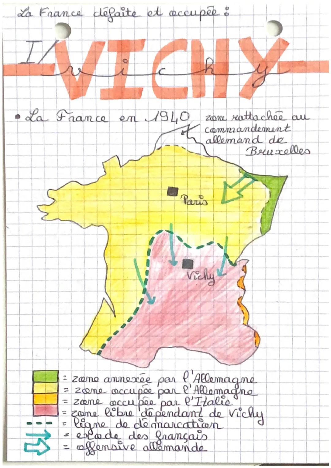 La France défaite et occupée :

VICHY

• La France en 1940
zone rattachée au
commandement
allemand de
Bruxelles

Paris

Vichy

...
= zone an