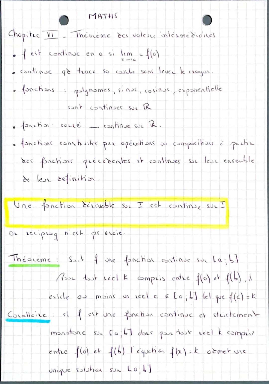 MATHS

Chopitec VI- Theoreme des voleur intermedicines.

- fest continue en a si $\lim_{x \to a} = f(0)$

- continue qe trace so courbe sons