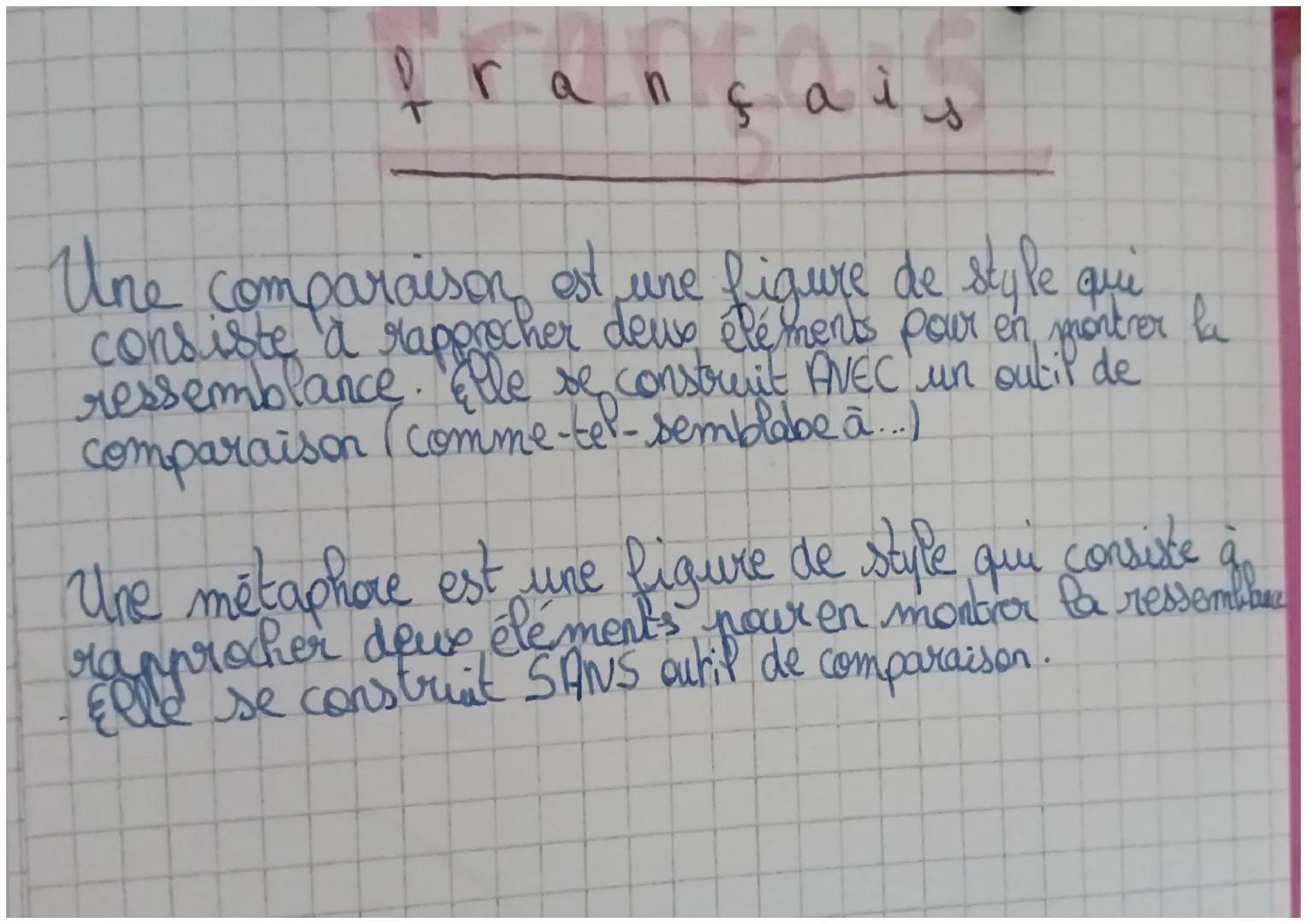 français

Une comparaison est une figure de style qui
consiste à rapprocher deus éléments pour en montrer la
ressemblance. Elle se construit