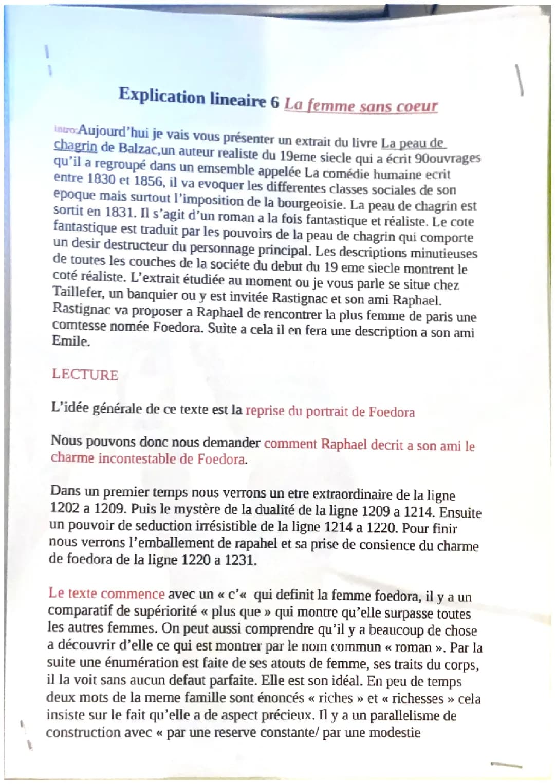 Explication linéaire la femme sans coeur 