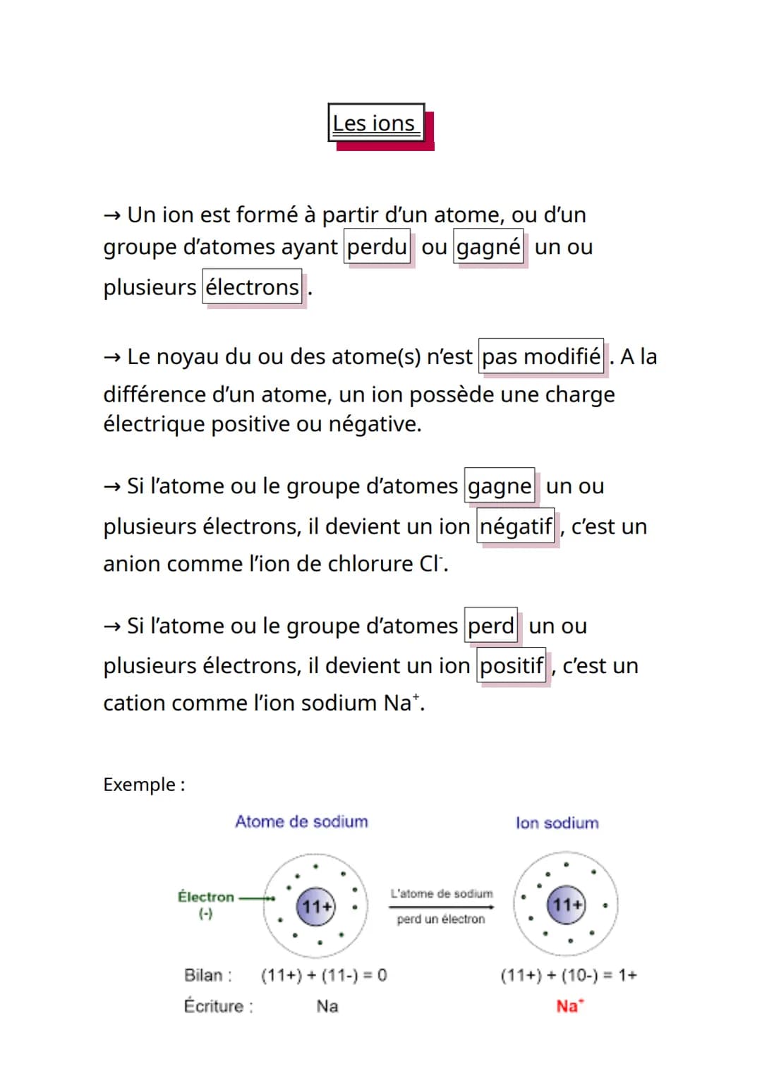 Les ions
→ Un ion est formé à partir d'un atome, ou d'un
groupe d'atomes ayant perdu ou gagné un ou
plusieurs électrons.
→ Le noyau du ou de