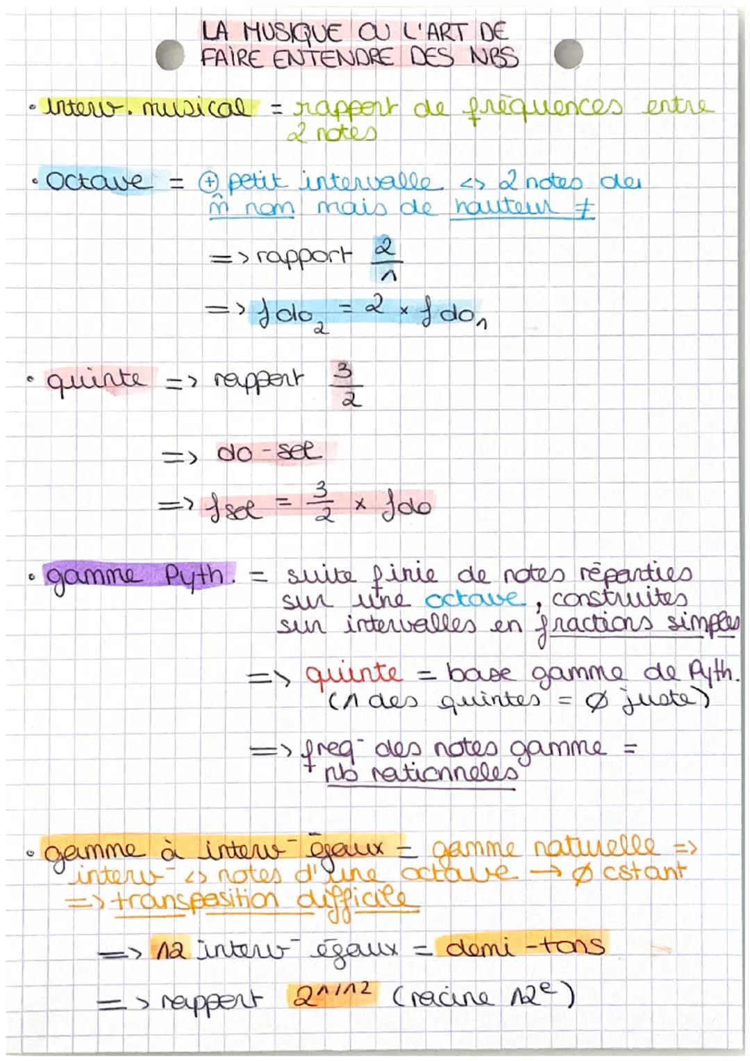 # LA MUSIQUE OU L'ART DE
FAIRE ENTENDRE DES NBS

*   Interv. musical = rapport de frequences entre
2 notes
*   Octave = + petit intervalle <