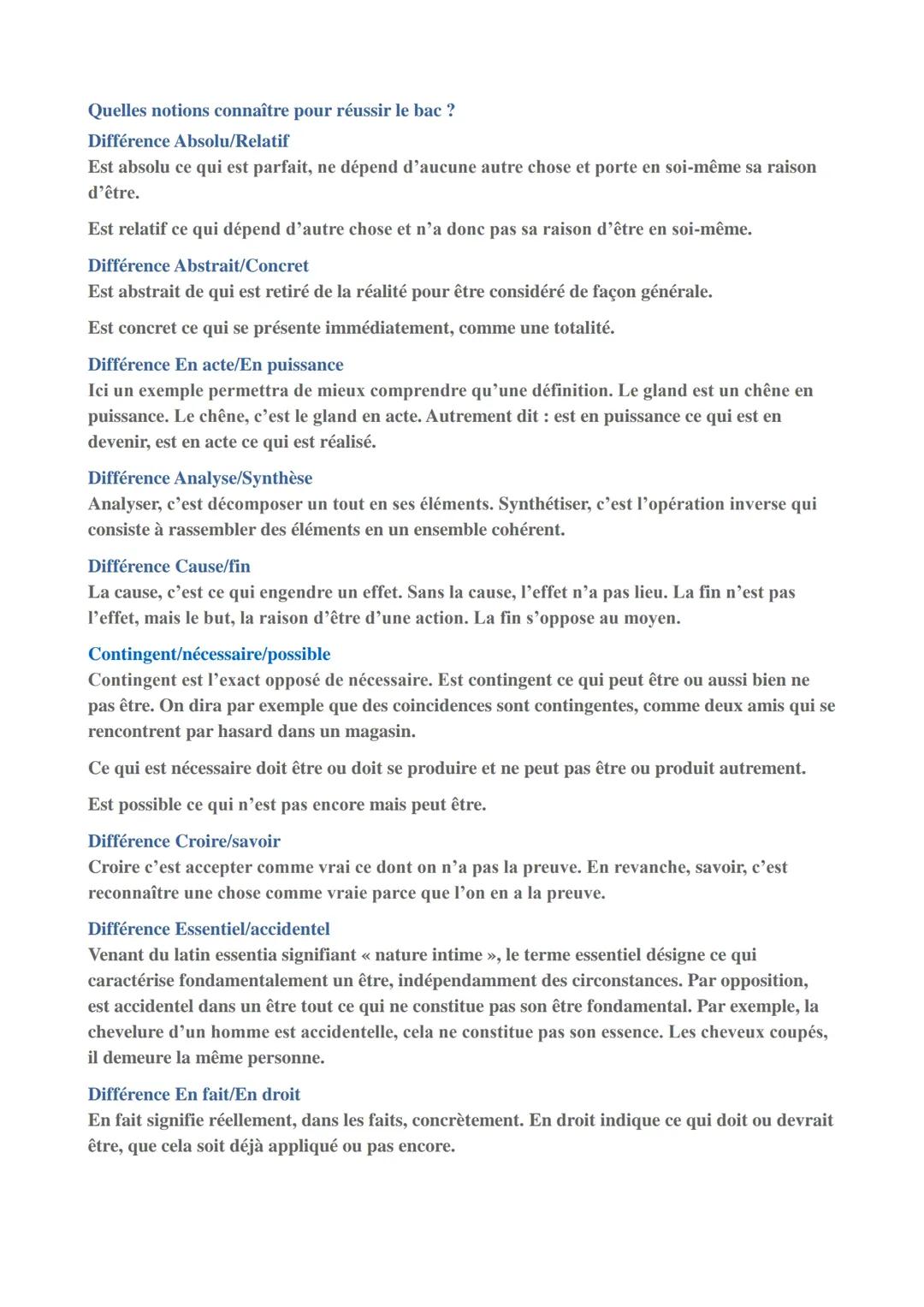 Concepts à apprendre philosophie terminale