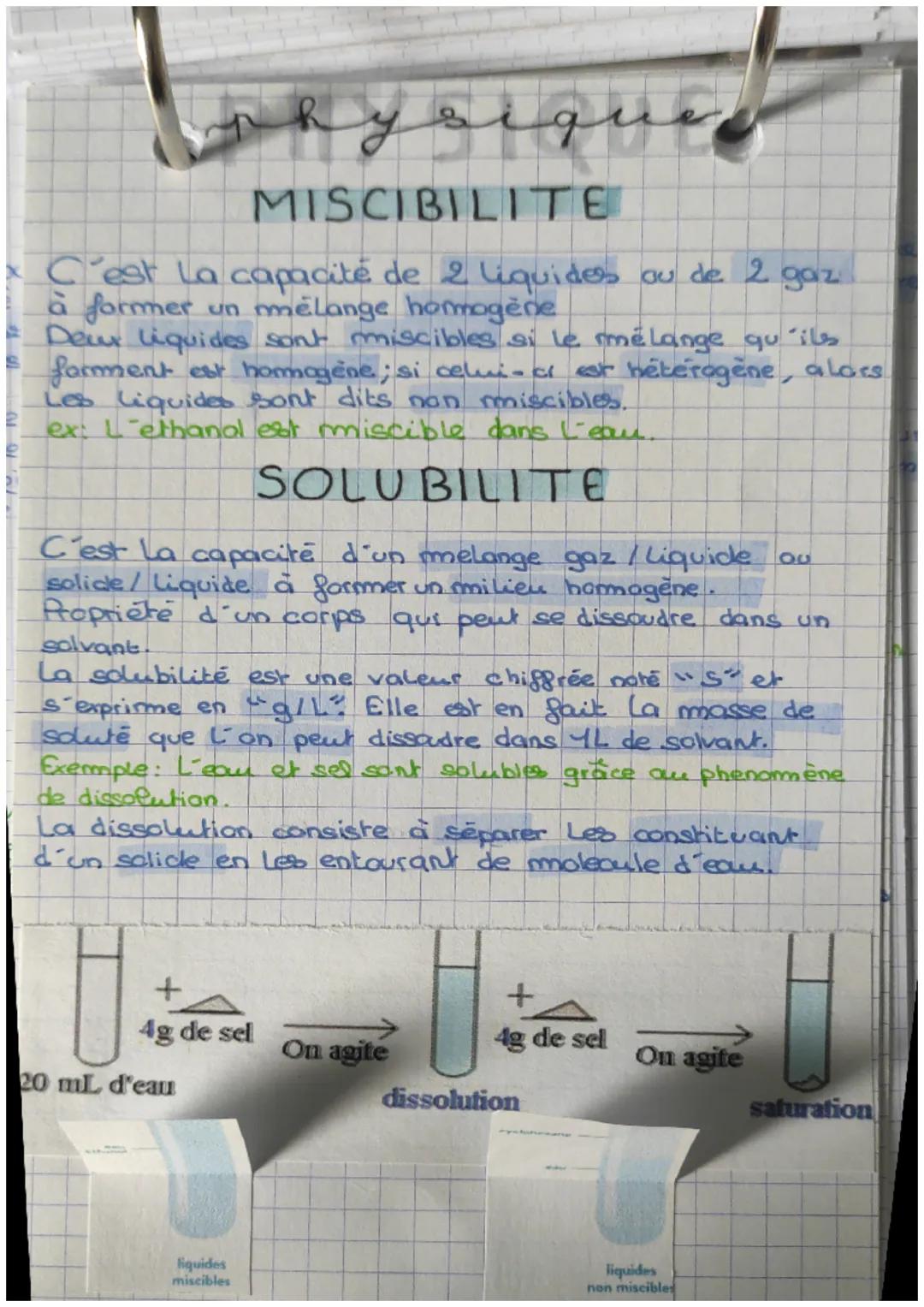 Physique miscibilité/solubilité/masse volumique/ densité 