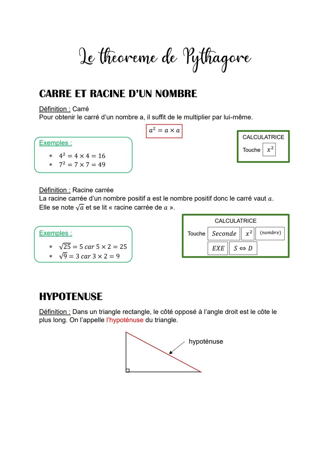 # Le theoreme de Pythagore

# CARRE ET RACINE D'UN NOMBRE

Définition: Carré

Pour obtenir le carré d'un nombre a, il suffit de le multiplie
