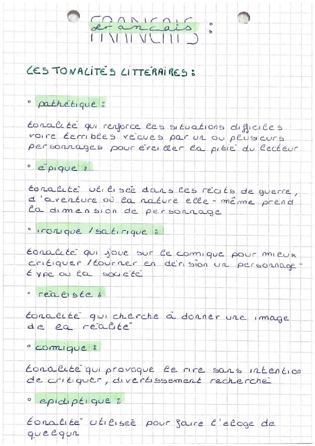 Les Tonalités Littéraires pour le BAC - Exemples et Définitions en PDF