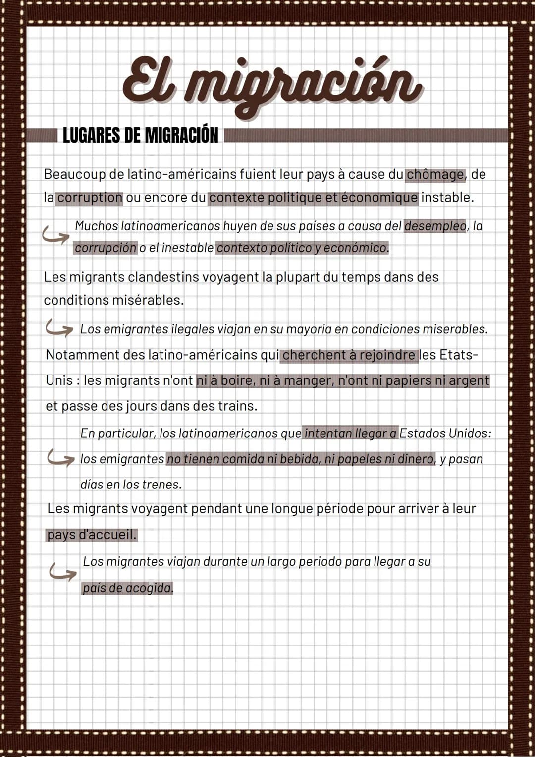 El migración
LUGARES DE MIGRACIÓN
Beaucoup de latino-américains fuient leur pays à cause du chômage, de
la corruption ou encore du contexte 