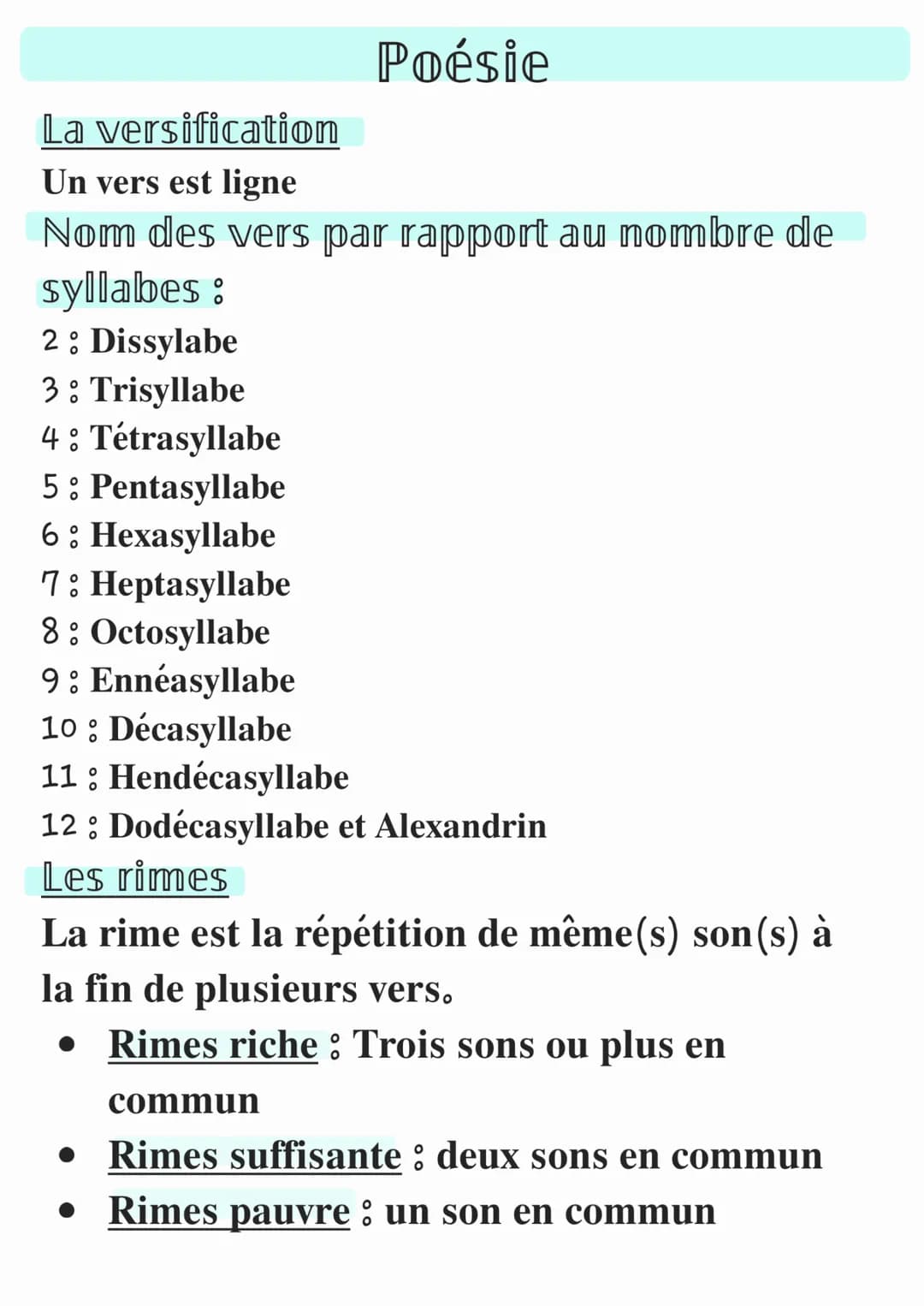 La versification
Un vers est ligne
Nom des vers par rapport au nombre de
Poésie
syllabes:
2 : Dissylabe
3: Trisyllabe
4 : Tétrasyllabe
5: Pe