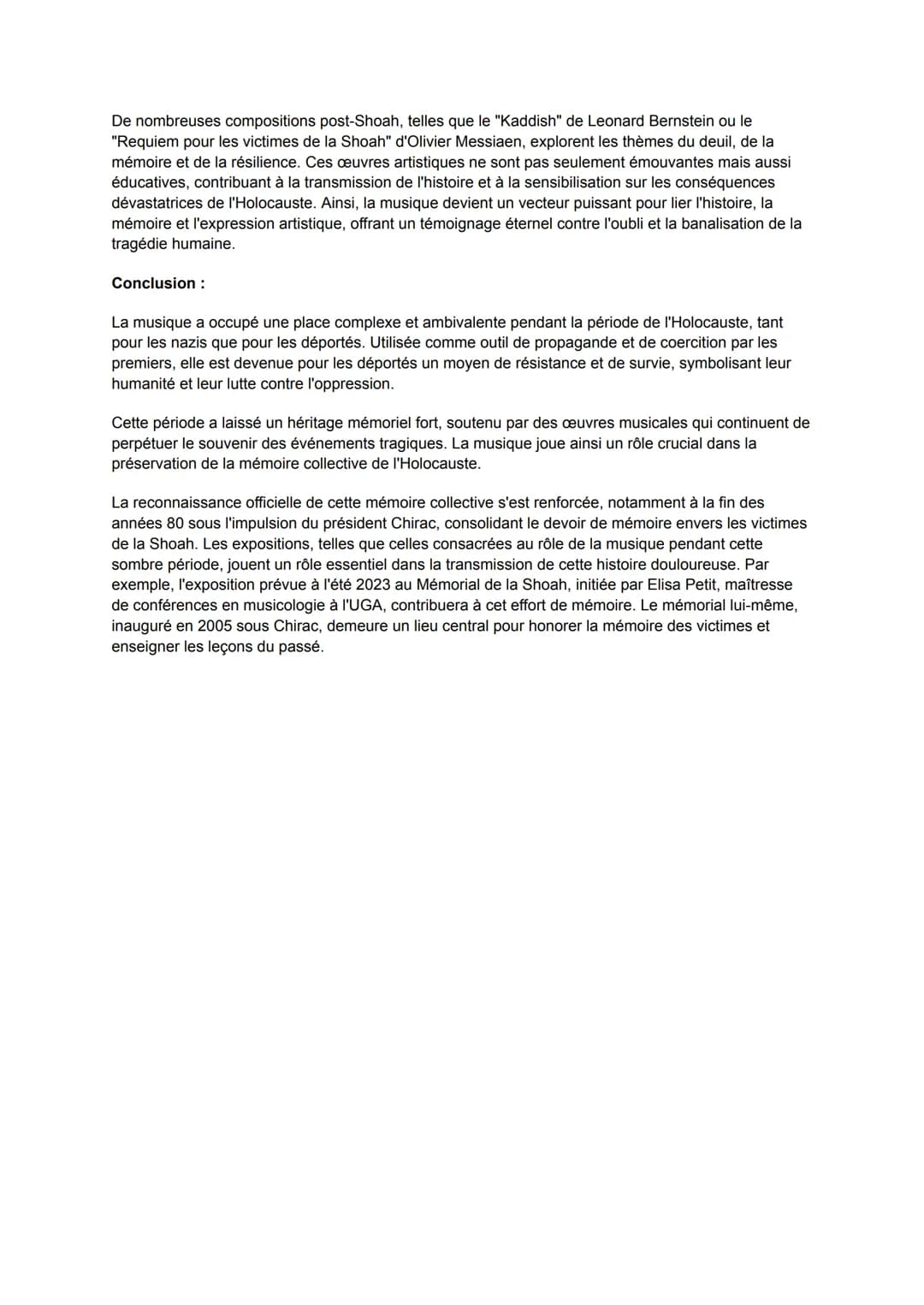 Sujet 2: De la coercition au témoignagne, quels ont été les rôles complexes de la musique
dans la shoah ?
Intro:
(en lien avec ma spécialité