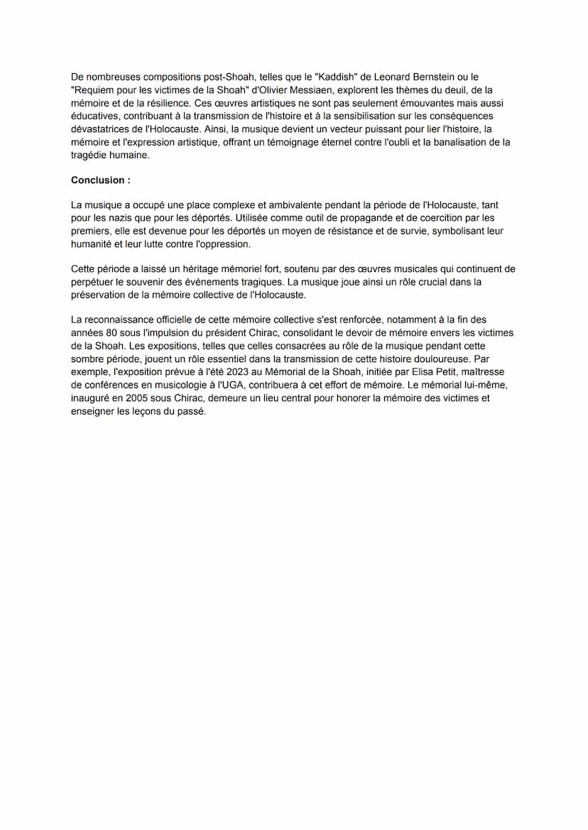 Sujet 2: De la coercition au témoignagne, quels ont été les rôles complexes de la musique
dans la shoah ?
Intro:
(en lien avec ma spécialité