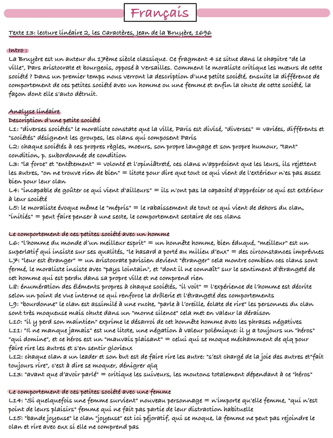 Français
Texte 13: lecture linéaire 2, les caractères, Jean de la Bruyère, 1696
Intro:
La Bruyère est un auteur du 17ème siècle classique. C