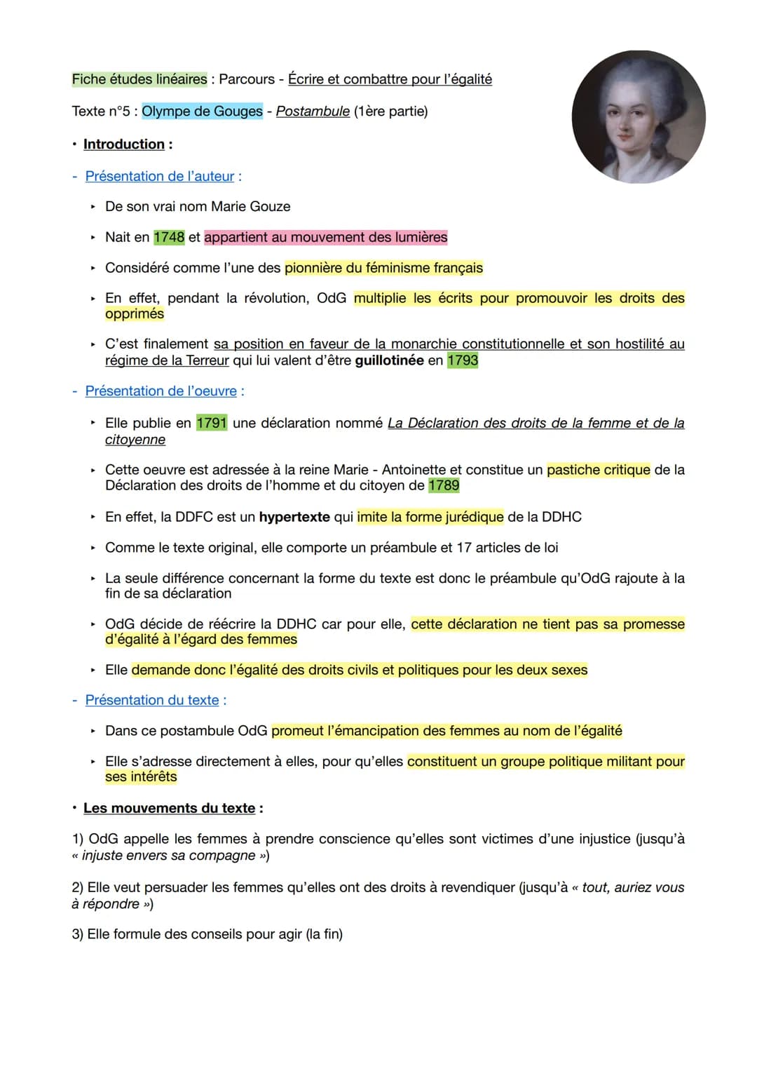 Fiche études linéaires : Parcours - Écrire et combattre pour l'égalité
Texte n°5: Olympe de Gouges - Postambule (1ère partie)
• Introduction