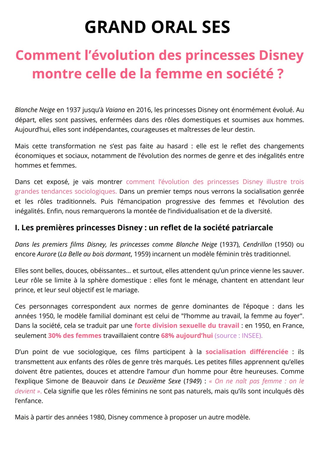 # GRAND ORAL SES

Comment l'évolution des princesses Disney
montre celle de la femme en société ?

Blanche Neige en 1937 jusqu'à Vaiana en 2