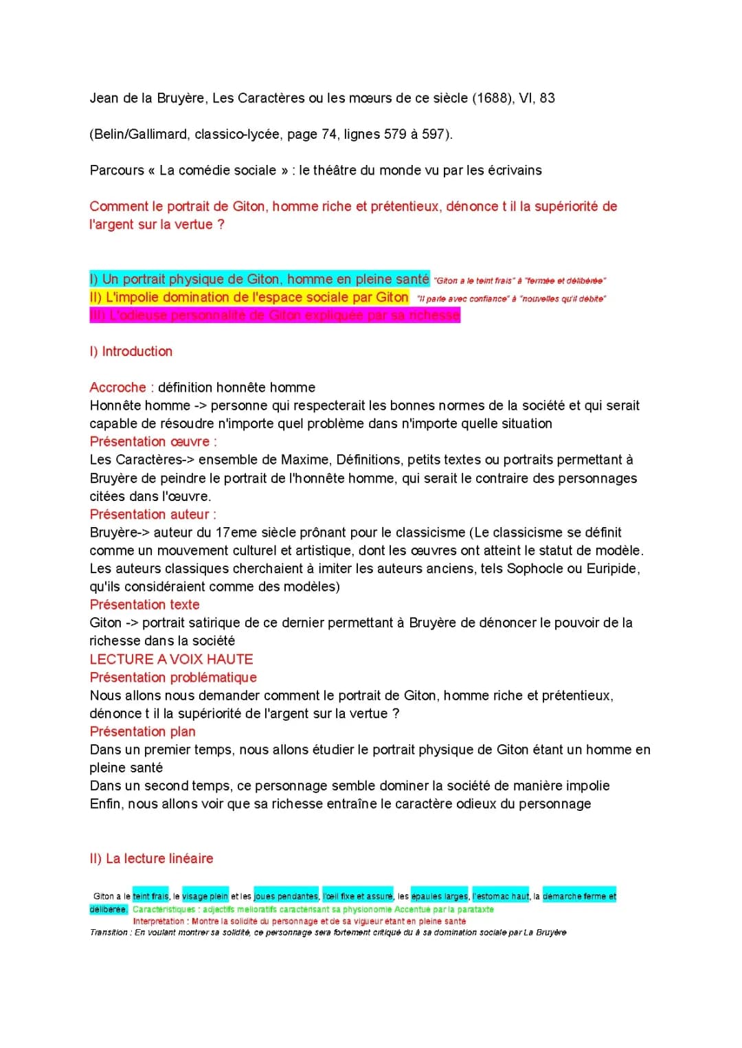Analyse Linéaire de Giton et Phédon et Les Caractères de La Bruyère