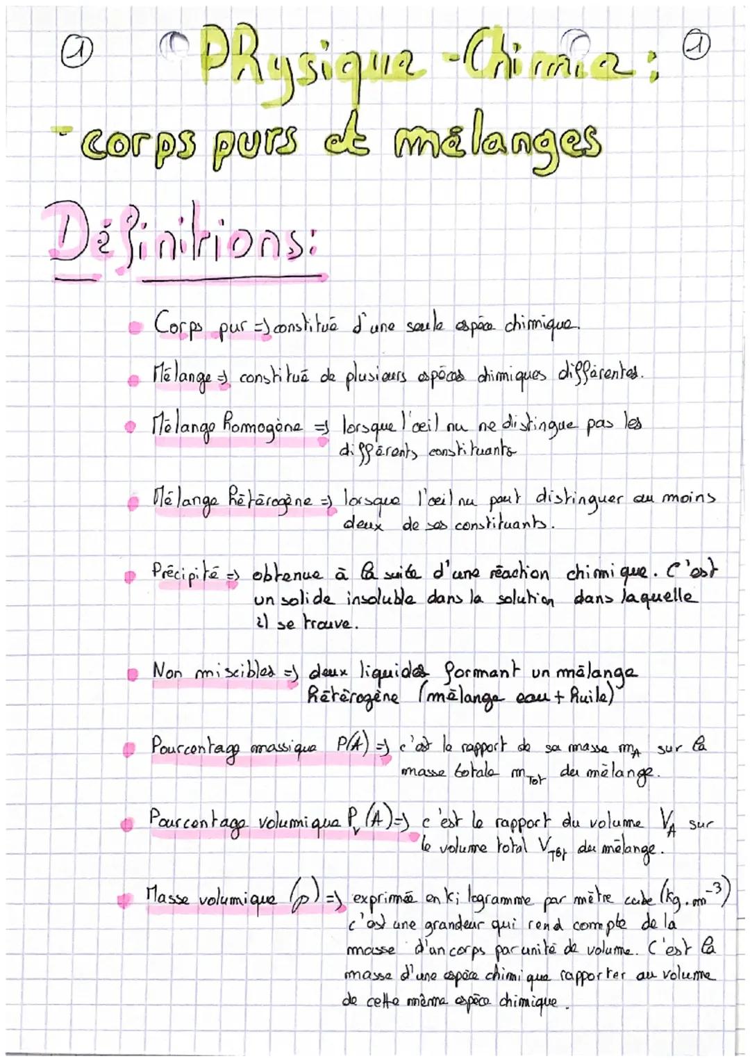 @
• "DRysique-Chimia: @
corps purs & malanges
Définirions:
• Corps pur =) constitue d'une seule espace chimique.
• Mélange constitué de plus