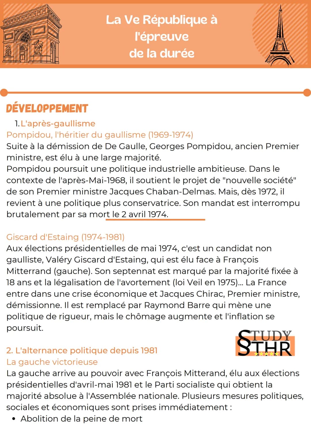 TRICICICIPICICICICICIO
P
La Ve République à
l'épreuve
de la durée
DÉVELOPPEMENT
1. L'après-gaullisme
Pompidou, l'héritier du gaullisme (1969