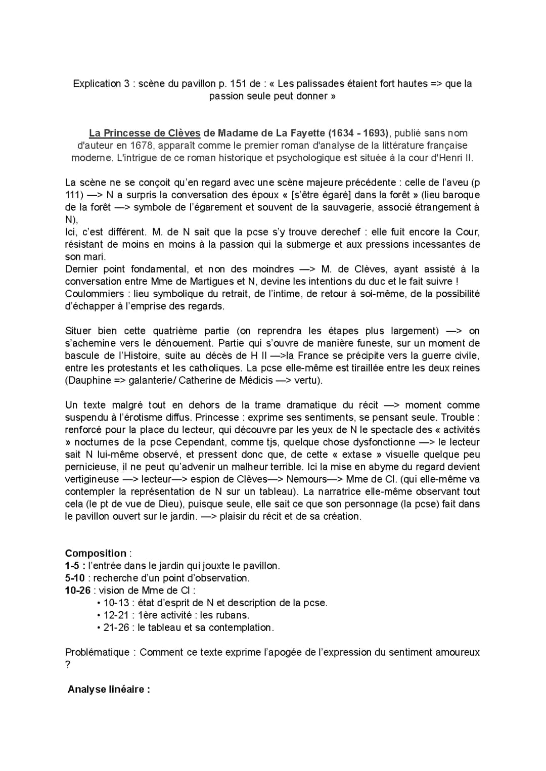 Princesse de Clèves : Scène du pavillon et Analyse Linéaire, Résumé et Personnages