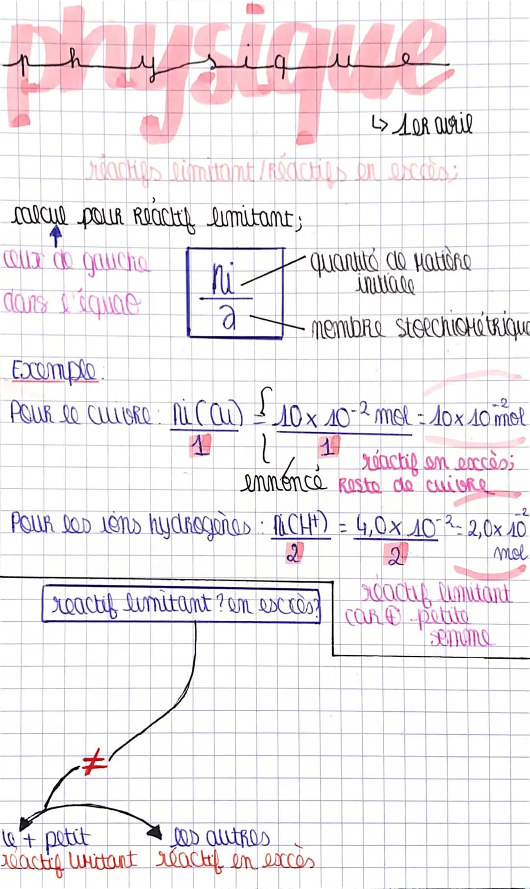 physique
reacties limitant/Reacties on esccès;
calcul pour Reactif limitant;
ceux de gauche
dans l'équao
ni-
a
Exemple:
POUR le culoRe: Mi (