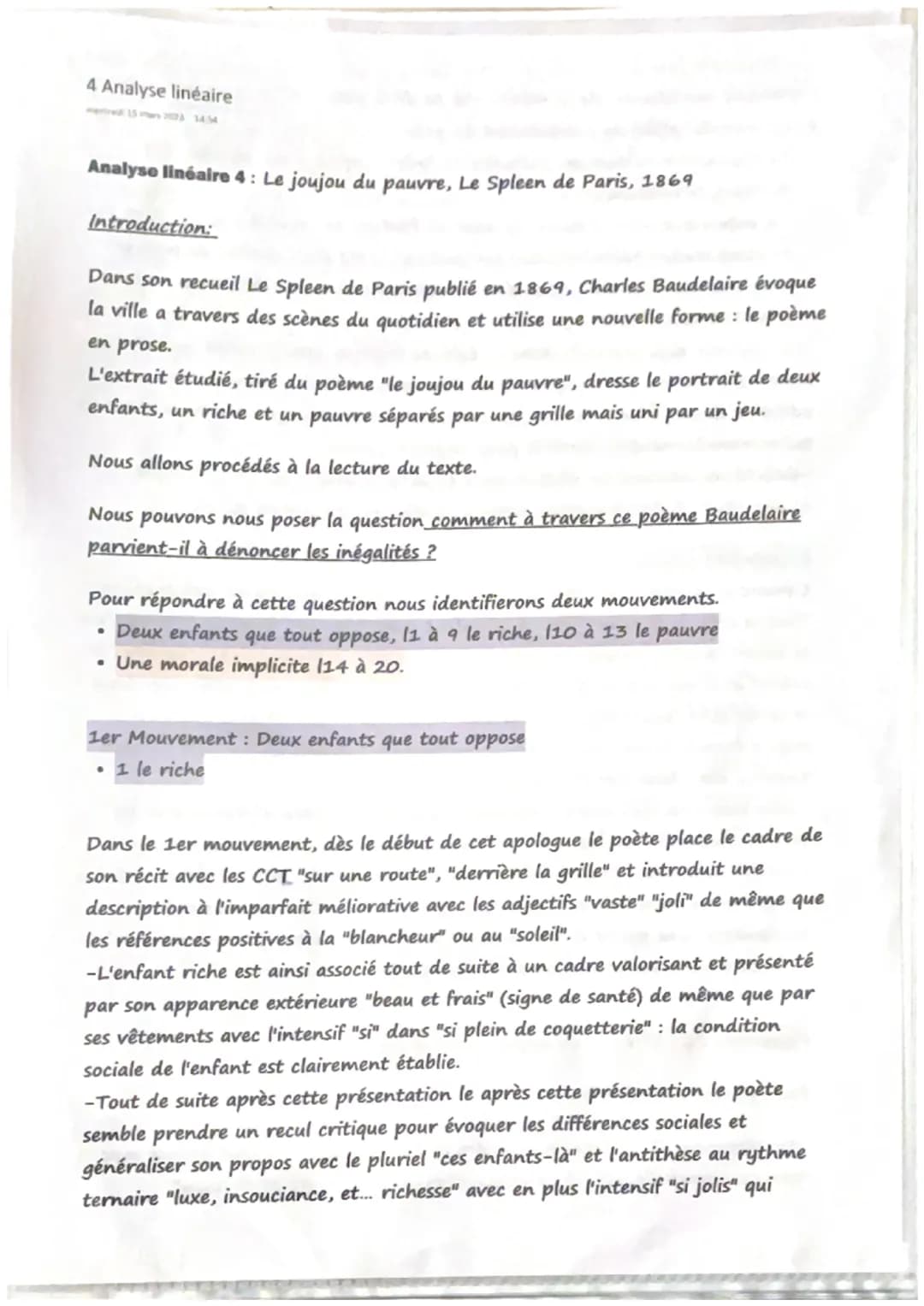 4 Analyse linéaire
Analyse linéaire 4: Le joujou du pauvre, Le Spleen de Paris, 1869
Introduction:
Dans son recueil Le Spleen de Paris publi