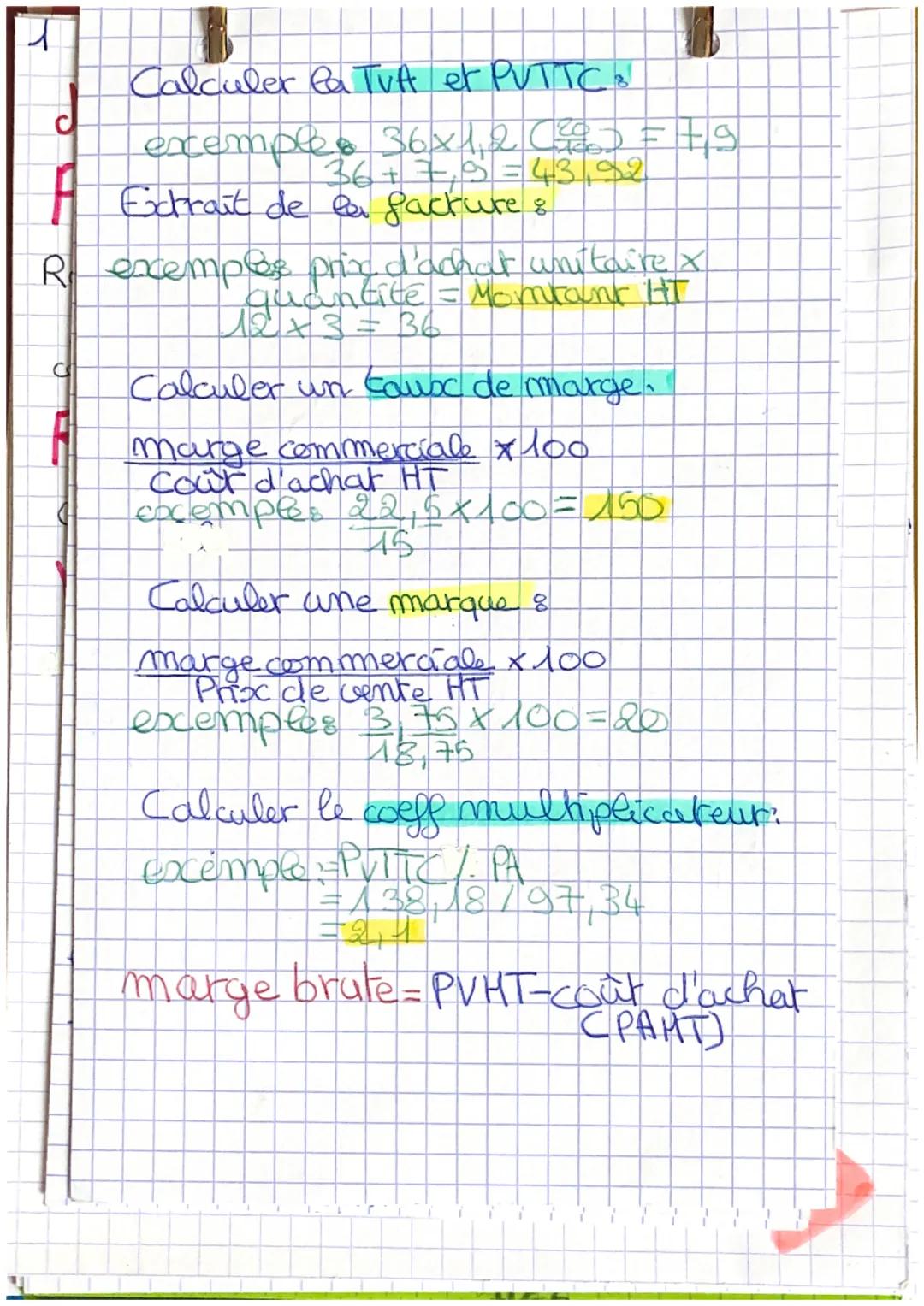 1
Calculer la TVA et PUTTON
exemples 36x1,2 (²2) = TS
36+7=₂8= 43.32
A Eidrait de la facture &
R
excemple prix d'achat whitaire x
quantité =