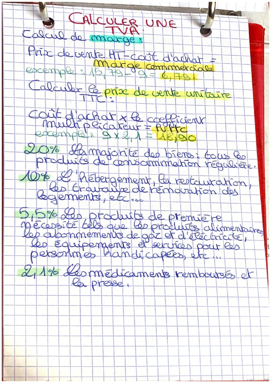 1
Calculer la TVA et PUTTON
exemples 36x1,2 (²2) = TS
36+7=₂8= 43.32
A Eidrait de la facture &
R
excemple prix d'achat whitaire x
quantité =