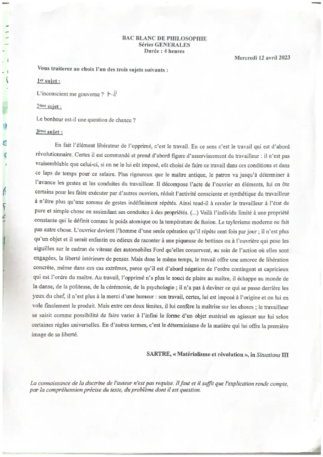 BAC BLANC DE PHILOSOPHIE
Séries GENERALES
Durée : 4 heures
Vous traiterez au choix l'un des trois sujets suivants :
1er sujet:
L'inconscient
