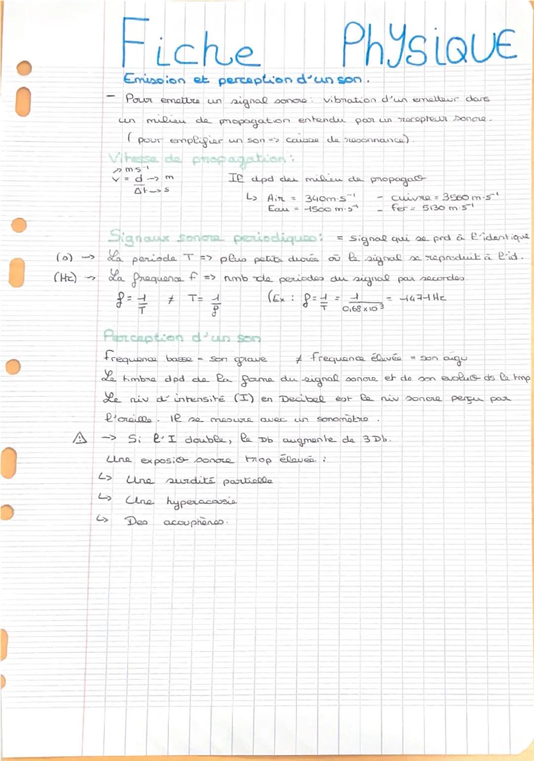Fiche
Physique
Emission et perception d'un son.
Pour emettre un signal sonore vibration d'un emetteur dans
un milieu de propagation entendu 
