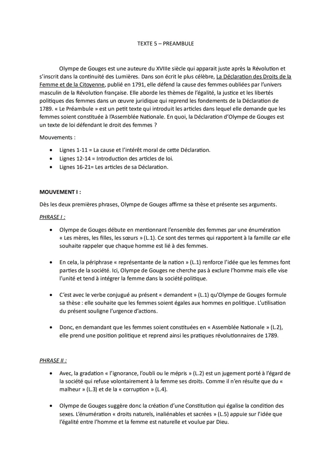 TEXTE 5 - PREAMBULE
Olympe de Gouges est une auteure du XVIIIe siècle qui apparait juste après la Révolution et
s'inscrit dans la continuité