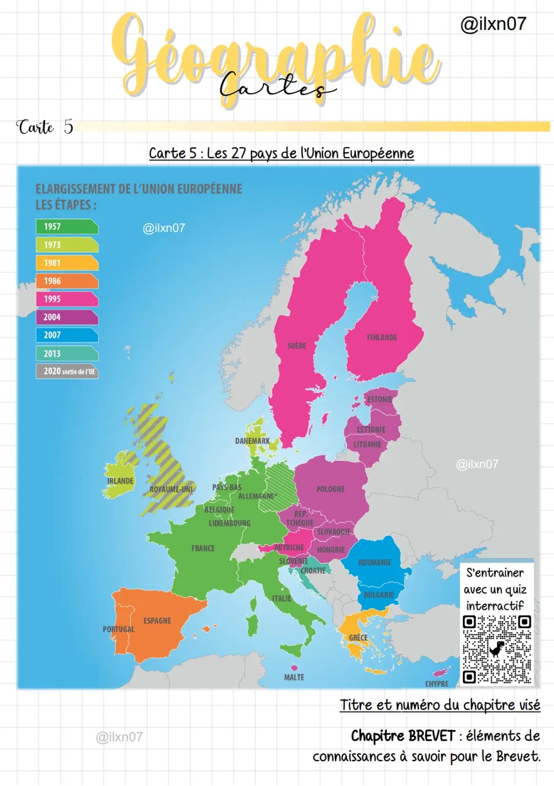 Carte 5
1957
1973
1981
1986
1995
2004
2007
Géographie
Cartes
ELARGISSEMENT DE L'UNION EUROPÉENNE
LES ÉTAPES :
2013
2020 sortie de l'UE
IRLAN