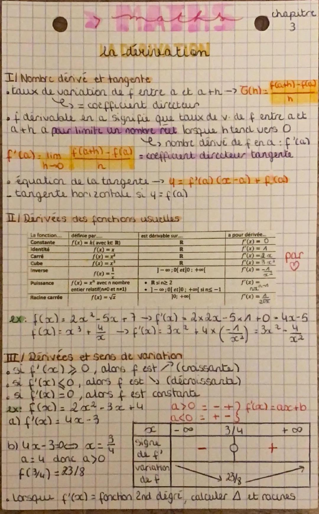 chapitre
3
la dérivation
Il Nombre dérivé et tangente
• taux de variation de f entre a et ath-> G(n) =
es = coefficient directeur
1
Flath)-f