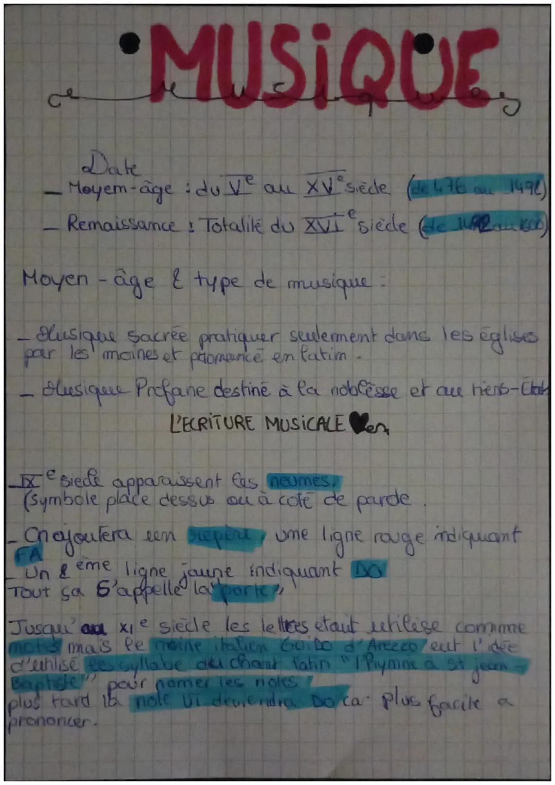 MUSIQUE
:
Moyem-âge du V au XV° siède (de 476 au 1492)
Remaissance : Totalité du XVI siede (de Juane)
Moyen-âge & type de musique:
Husique s