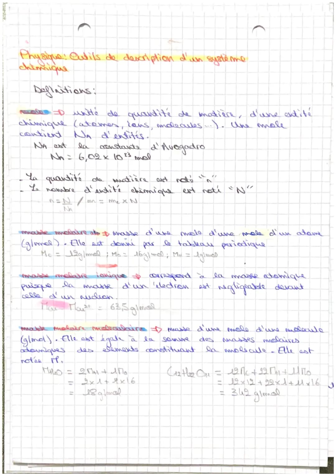 Physique Outils de description d'un système
chimique
Definitions:
- unité de quantité de matière, d'une entité
chimique (atomes, ions, molec