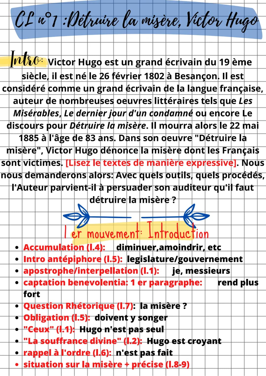 CL n°1 : Detruire la misère, Victor Hugo
Intro: Victor Hugo est un grand écrivain du 19 ème
siècle, il est né le 26 février 1802 à Besançon.
