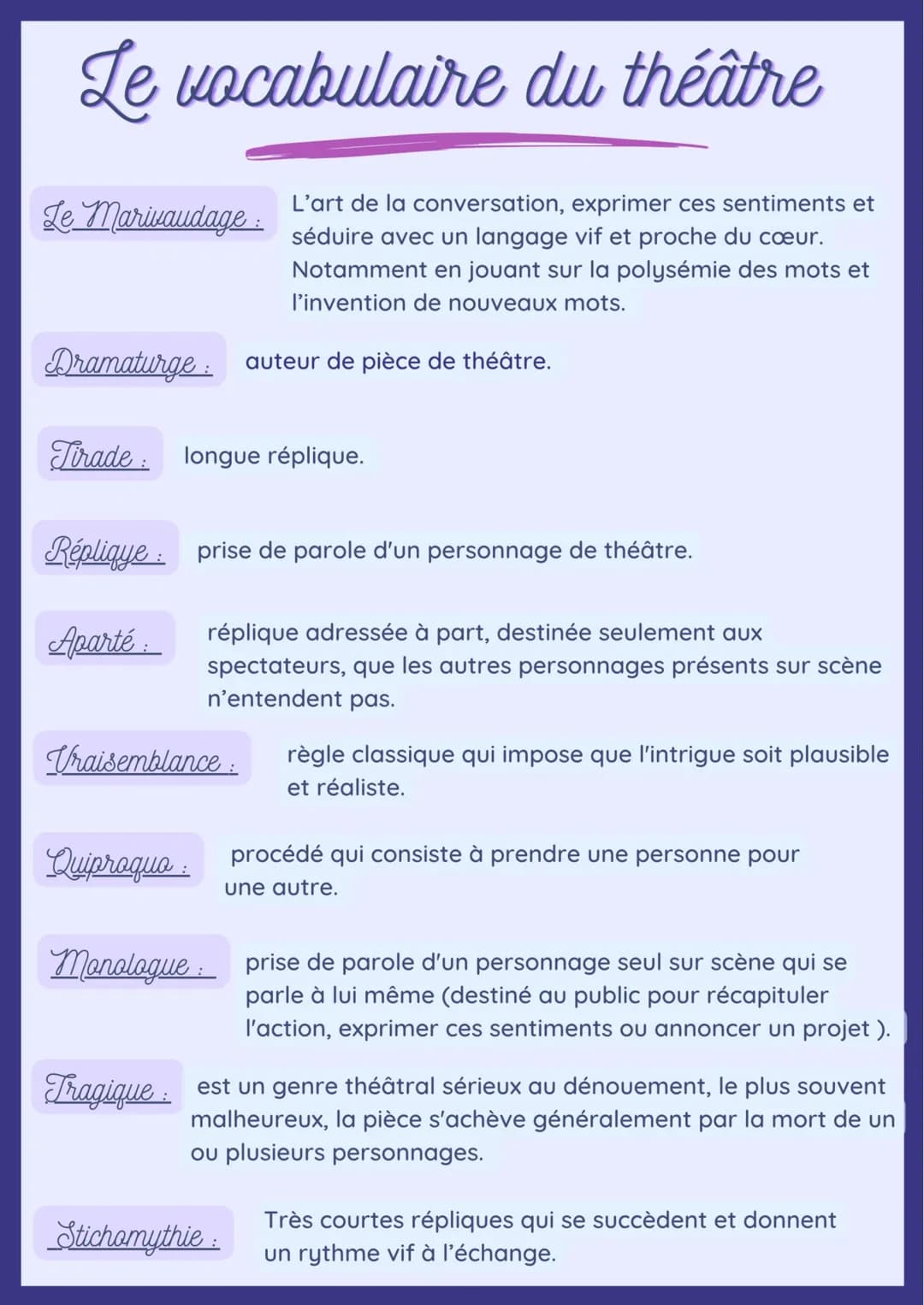 Le vocabulaire du théâtre
L'art de la conversation, exprimer ces sentiments et
séduire avec un langage vif et proche du cœur.
Notamment en j