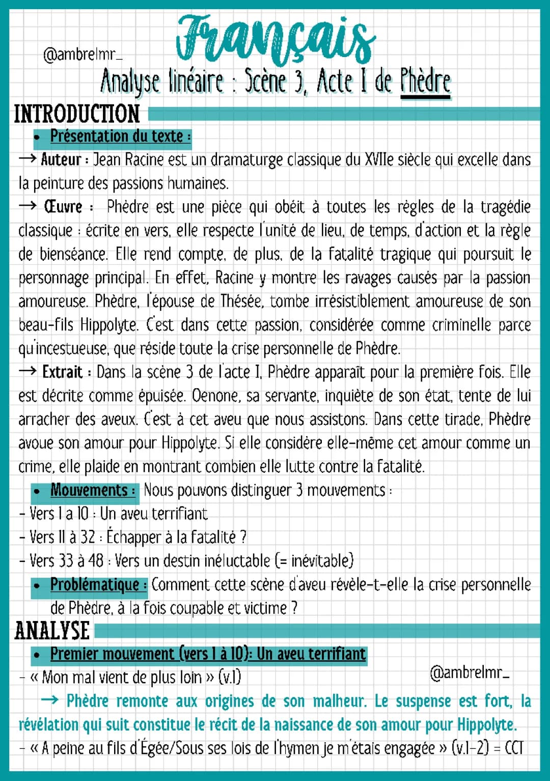 Analyse linéaire Phèdre Acte 1 Scène 3 PDF et Texte Intégral