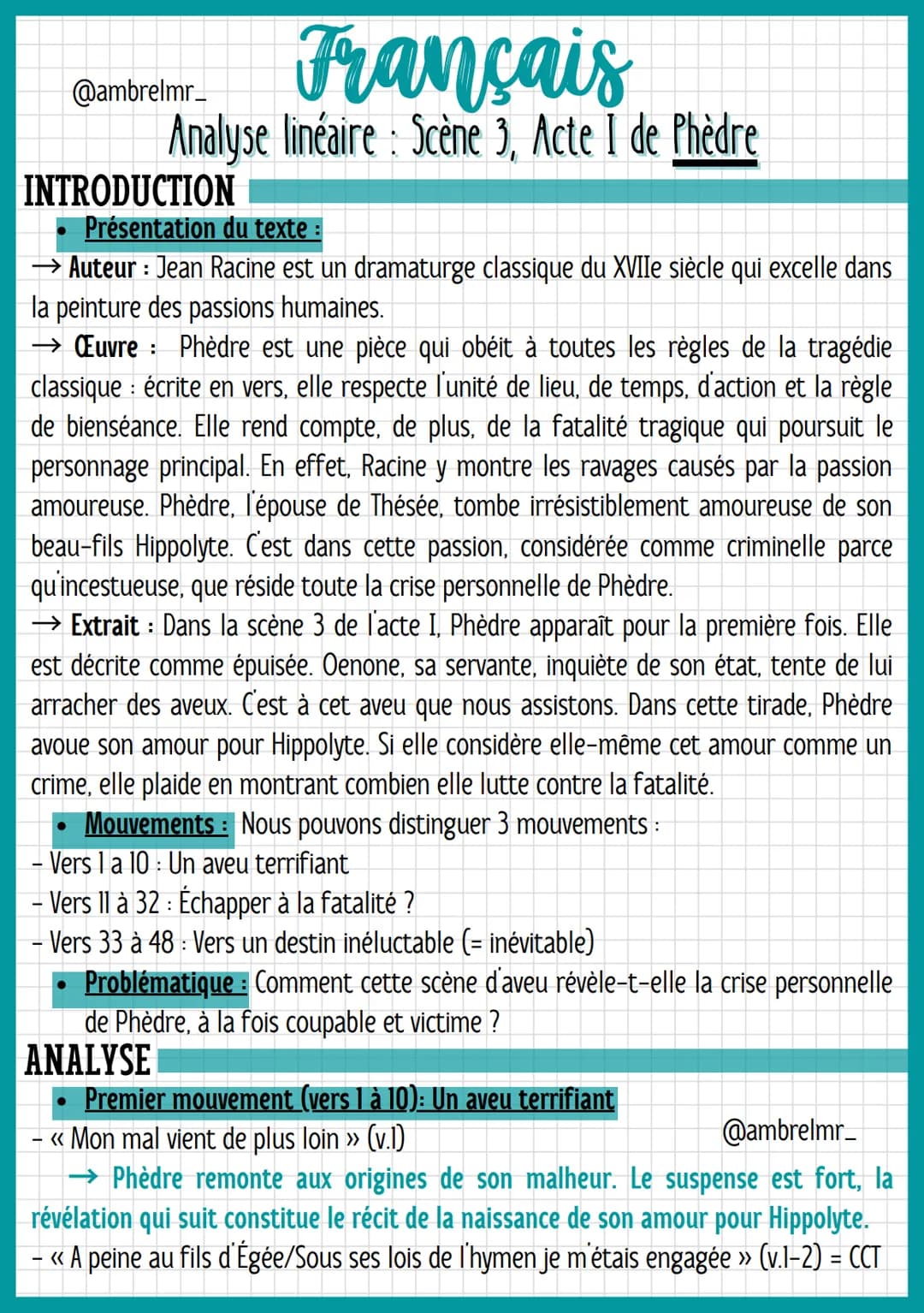 Français
Analyse linéaire: Scène 3, Acte I de Phèdre
@ambrelmr_
INTRODUCTION
Présentation du texte
→ Auteur : Jean Racine est un dramaturge 