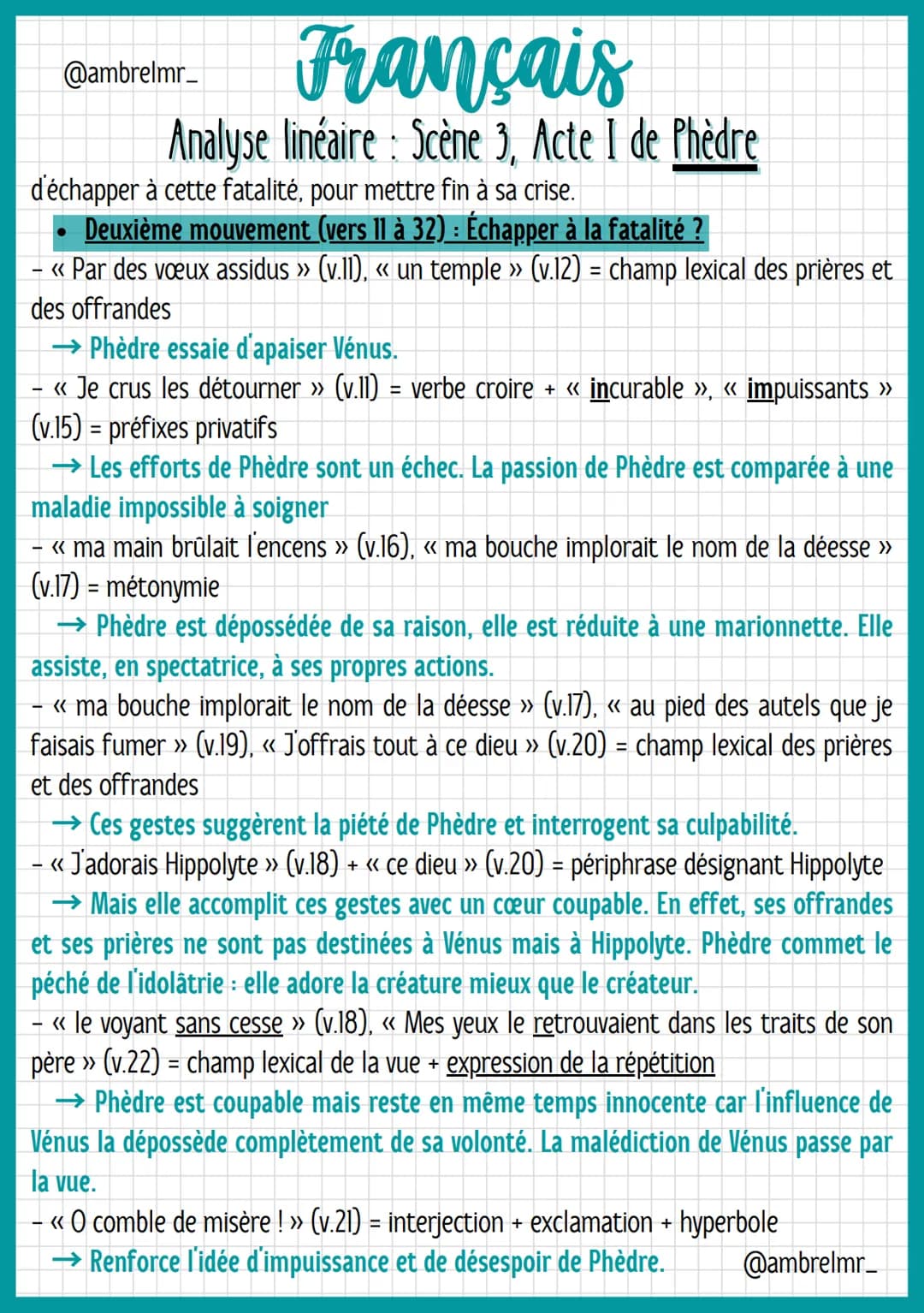 Français
Analyse linéaire: Scène 3, Acte I de Phèdre
@ambrelmr_
INTRODUCTION
Présentation du texte
→ Auteur : Jean Racine est un dramaturge 
