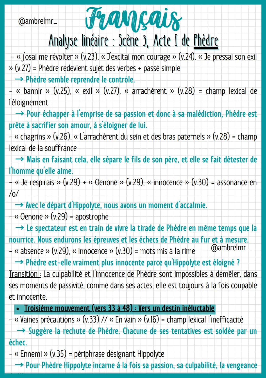 Français
Analyse linéaire: Scène 3, Acte I de Phèdre
@ambrelmr_
INTRODUCTION
Présentation du texte
→ Auteur : Jean Racine est un dramaturge 