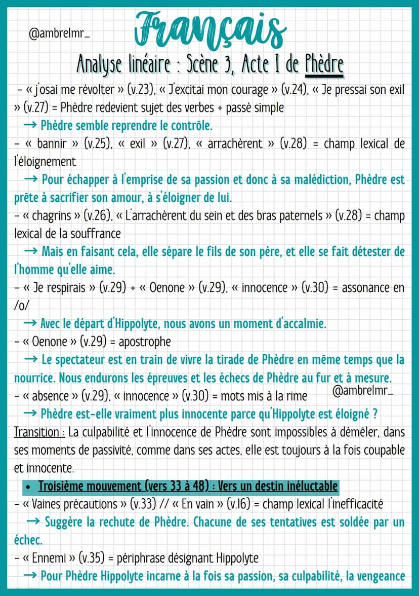 Français
Analyse linéaire: Scène 3, Acte I de Phèdre
@ambrelmr_
INTRODUCTION
Présentation du texte
→ Auteur : Jean Racine est un dramaturge 