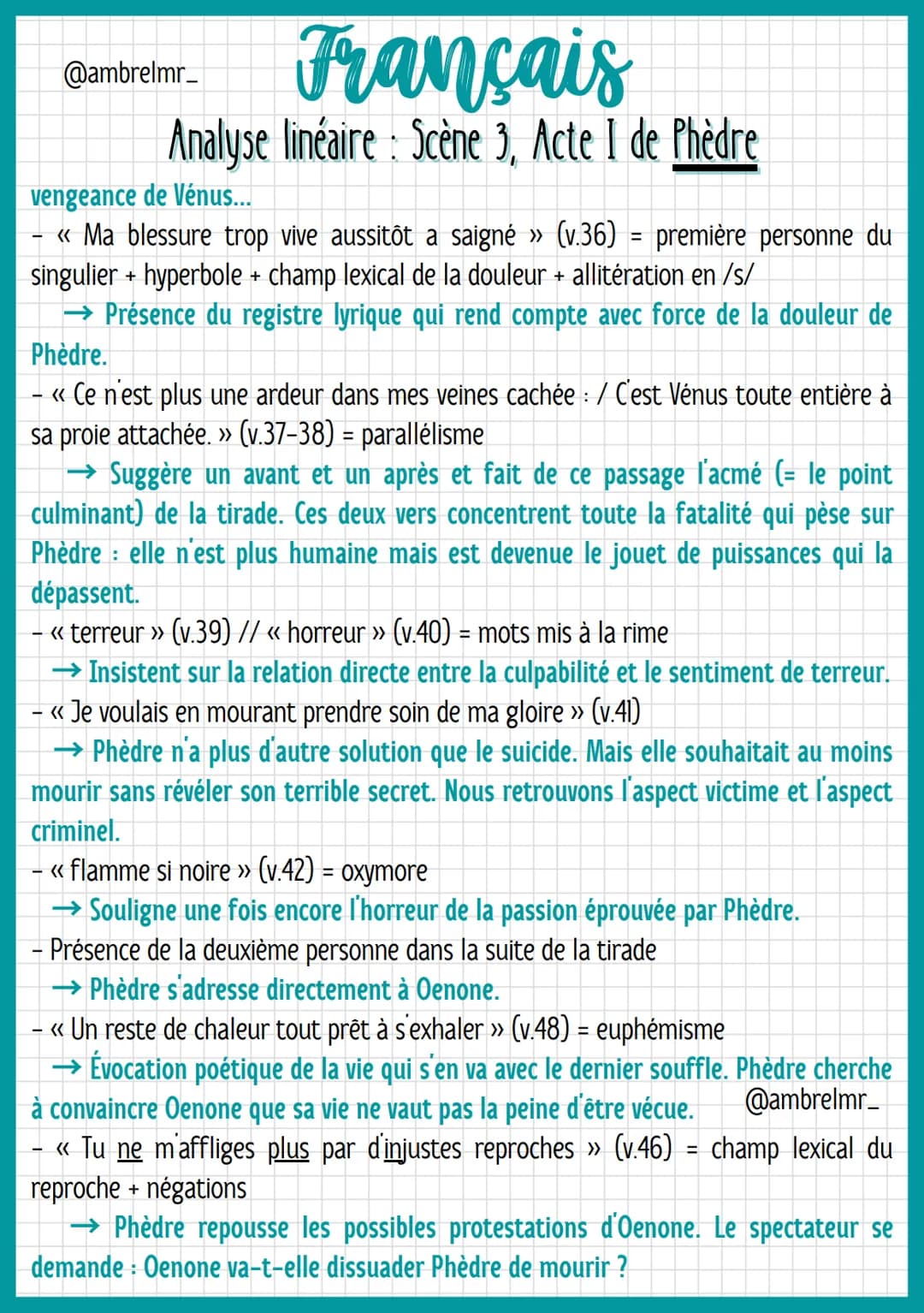 Français
Analyse linéaire: Scène 3, Acte I de Phèdre
@ambrelmr_
INTRODUCTION
Présentation du texte
→ Auteur : Jean Racine est un dramaturge 