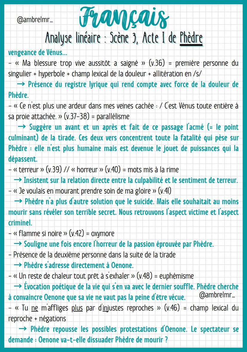 Français
Analyse linéaire: Scène 3, Acte I de Phèdre
@ambrelmr_
INTRODUCTION
Présentation du texte
→ Auteur : Jean Racine est un dramaturge 