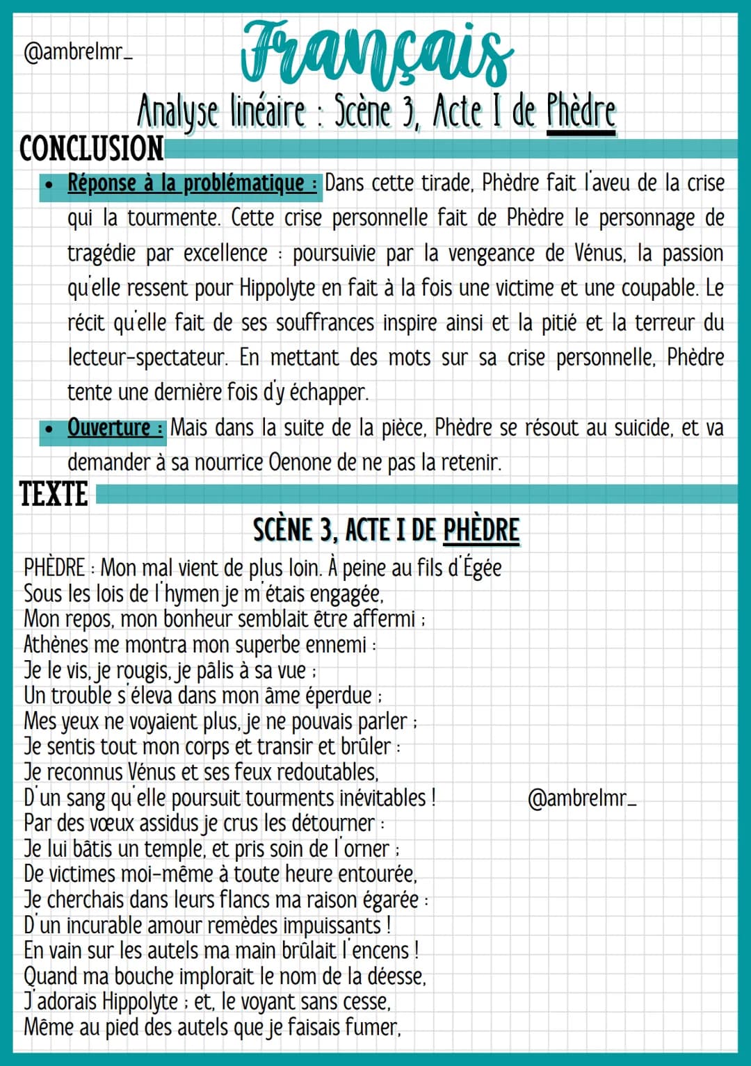 Français
Analyse linéaire: Scène 3, Acte I de Phèdre
@ambrelmr_
INTRODUCTION
Présentation du texte
→ Auteur : Jean Racine est un dramaturge 