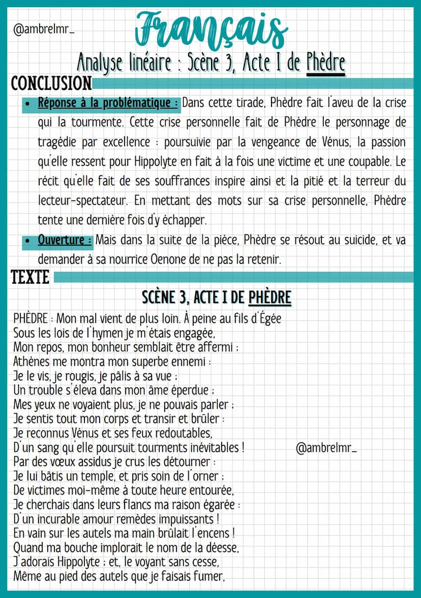 Français
Analyse linéaire: Scène 3, Acte I de Phèdre
@ambrelmr_
INTRODUCTION
Présentation du texte
→ Auteur : Jean Racine est un dramaturge 